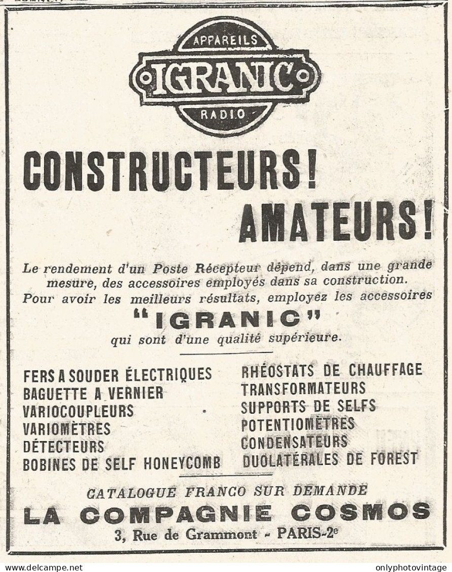 Appareils Radio IGRANIC - Pubblicitï¿½ Del 1926 - Old Advertising - Publicités