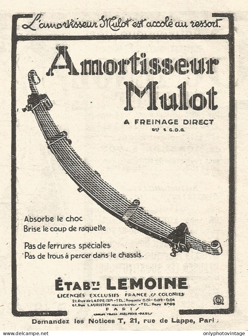 Amortisseur MULOT - Pubblicitï¿½ Del 1926 - Old Advertising - Publicités