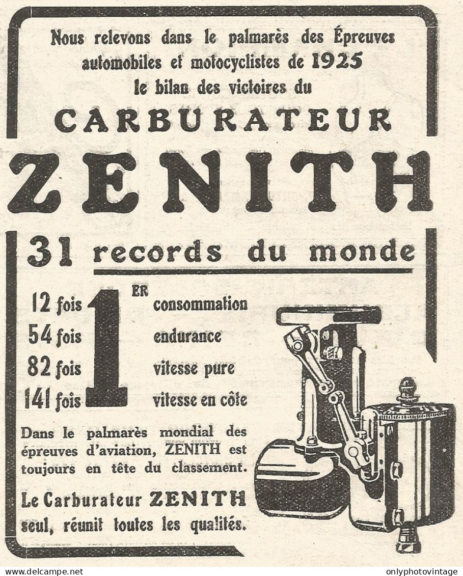 Carburatore Zï¿½nith - Pubblicitï¿½ Del 1926 - Old Advertising - Publicités