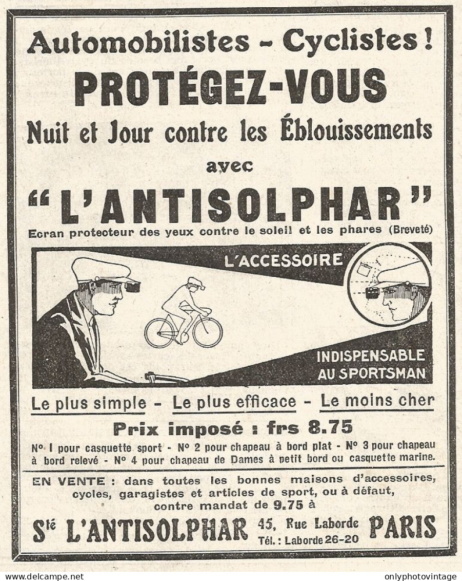 W7970 ANTISOLPHAR Indispensable Au Sportsman - Pubblicitï¿½ Del 1926 - Old Advert - Publicités