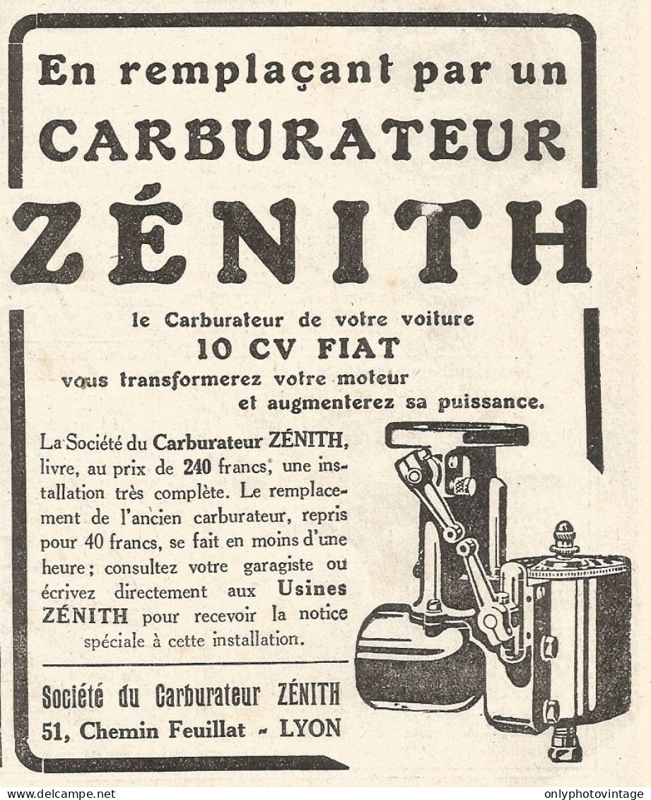 Carburatore Zï¿½nith - Pubblicitï¿½ Del 1926 - Old Advertising - Publicités