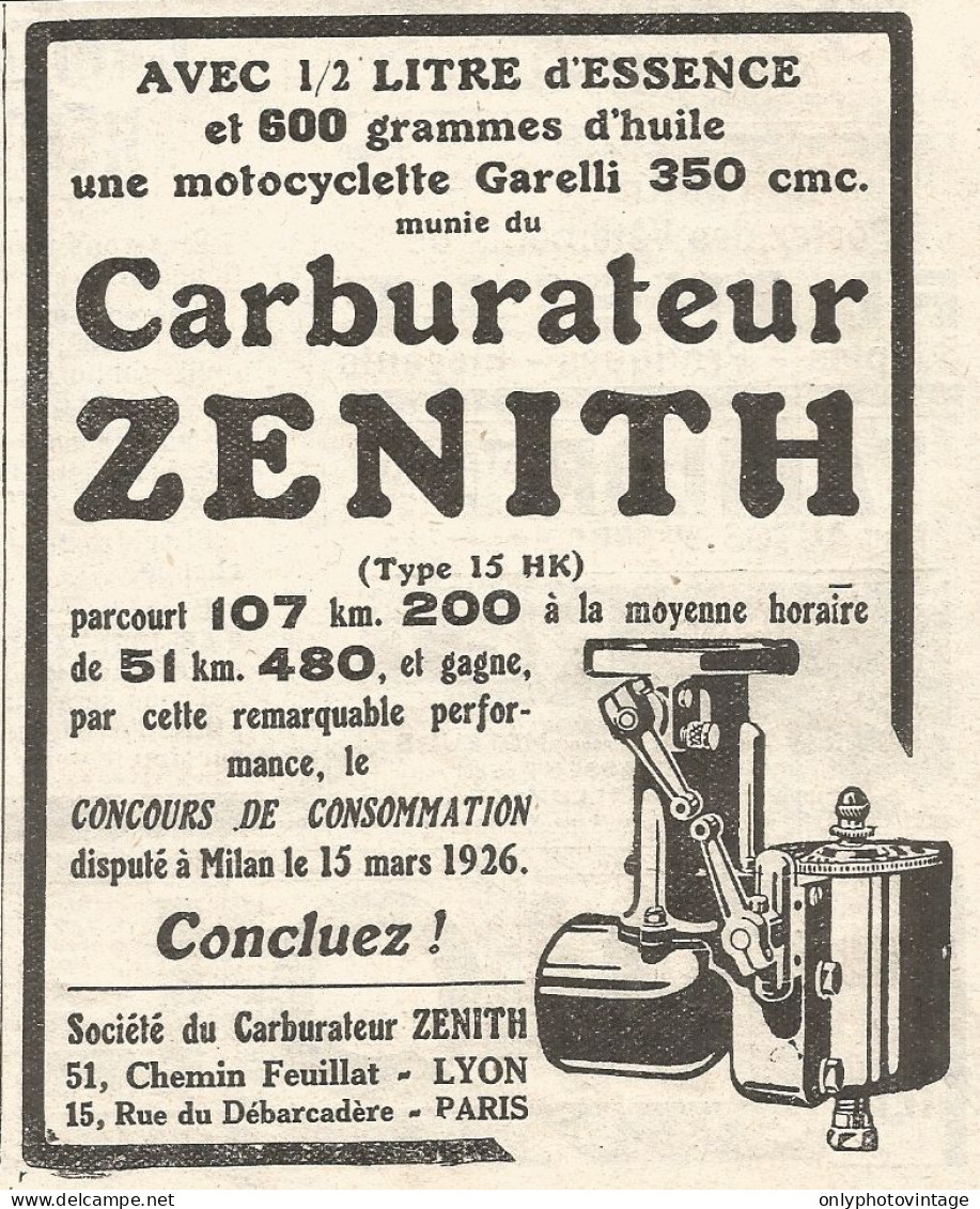 Carburatore Zï¿½nith - Pubblicitï¿½ Del 1926 - Old Advertising - Publicités