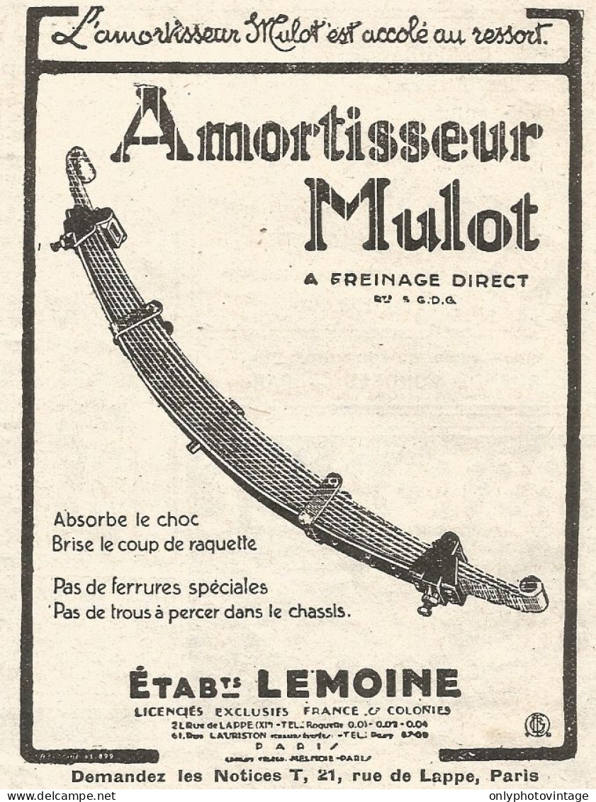 Amortisseur MULOT - Pubblicitï¿½ Del 1926 - Old Advertising - Advertising