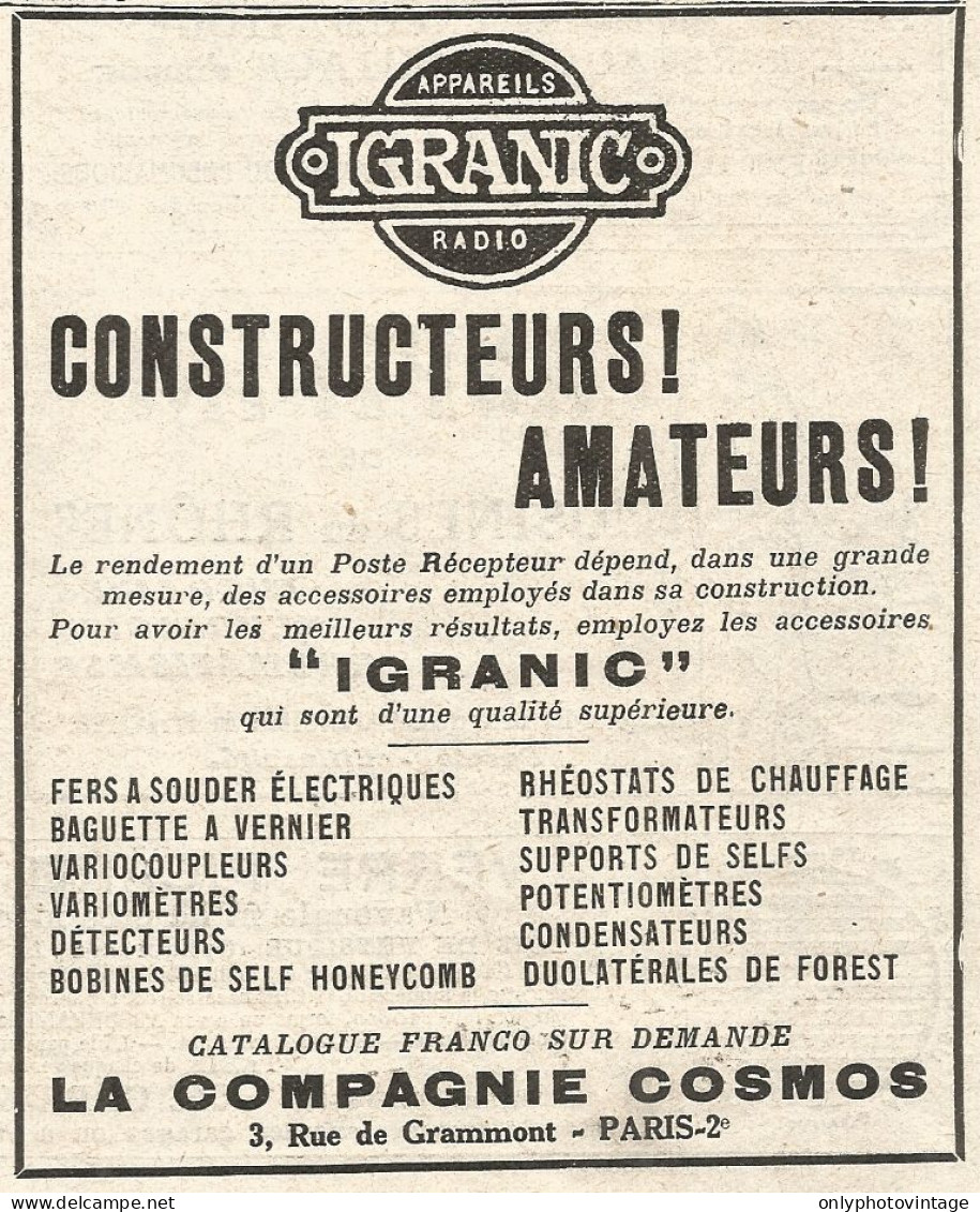 Appareils Radio IGRANIC - Pubblicitï¿½ Del 1926 - Old Advertising - Advertising