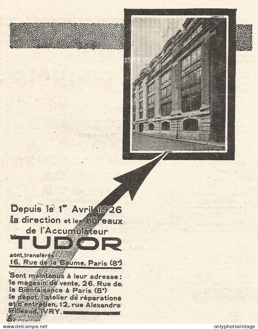 Accumulateur TUDOR - Pubblicitï¿½ Del 1926 - Old Advertising - Advertising