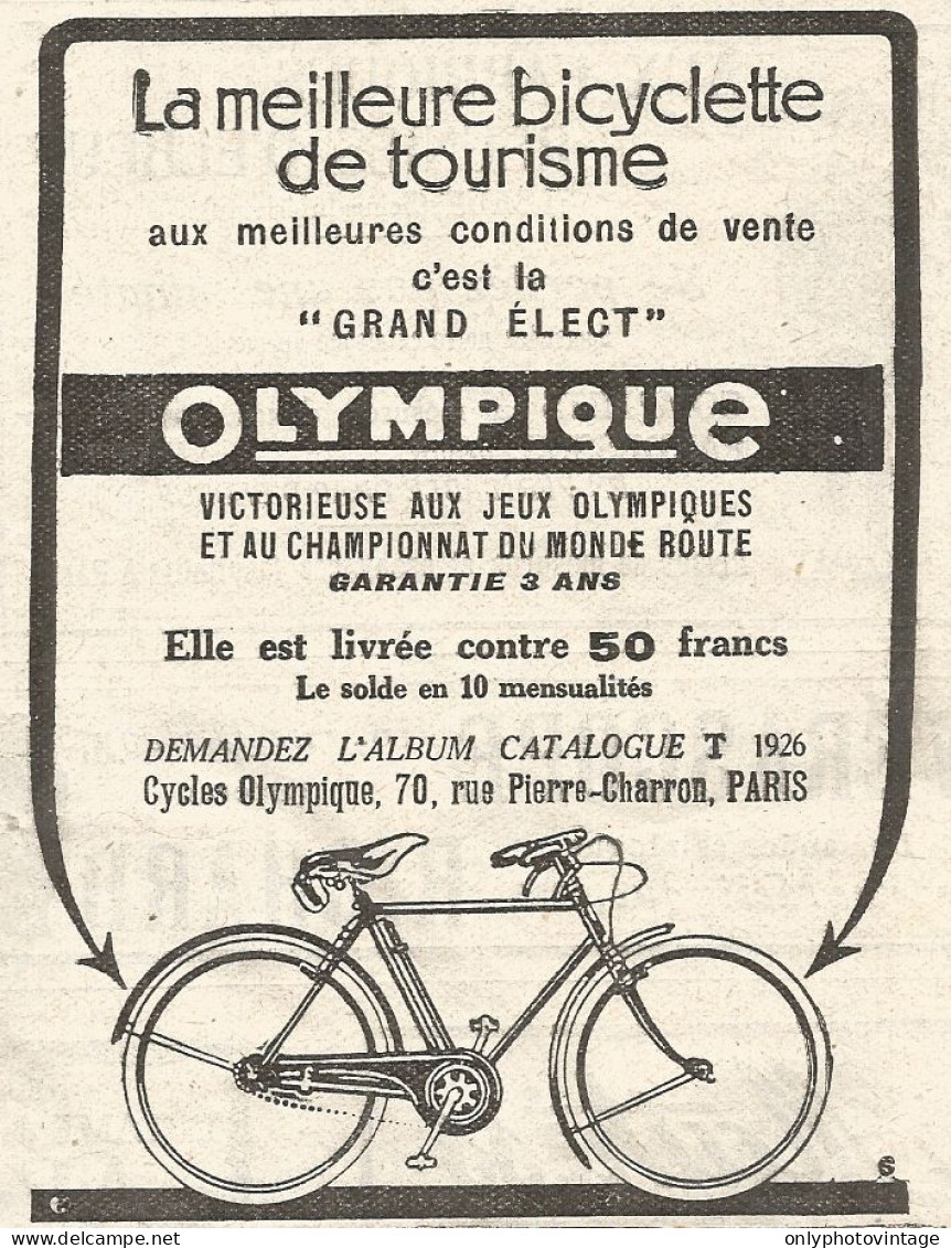 Bicicletta OLIMPIQUE Vince Ai Giochi Olimpici - Pubblicitï¿½ Del 1926 - Ad - Advertising