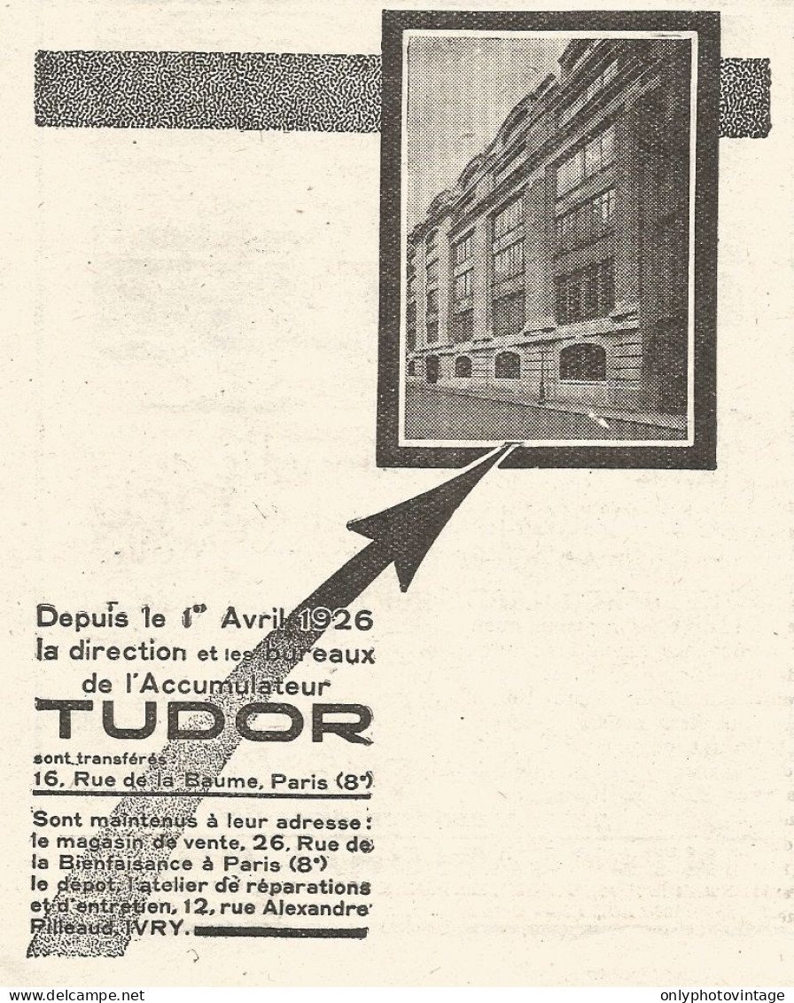 Accumulateur TUDOR - Pubblicitï¿½ Del 1926 - Old Advertising - Advertising