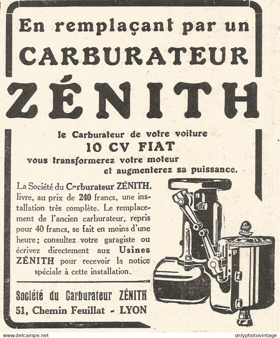 Carburatore Zï¿½nith - Pubblicitï¿½ Del 1926 - Old Advertising - Publicités