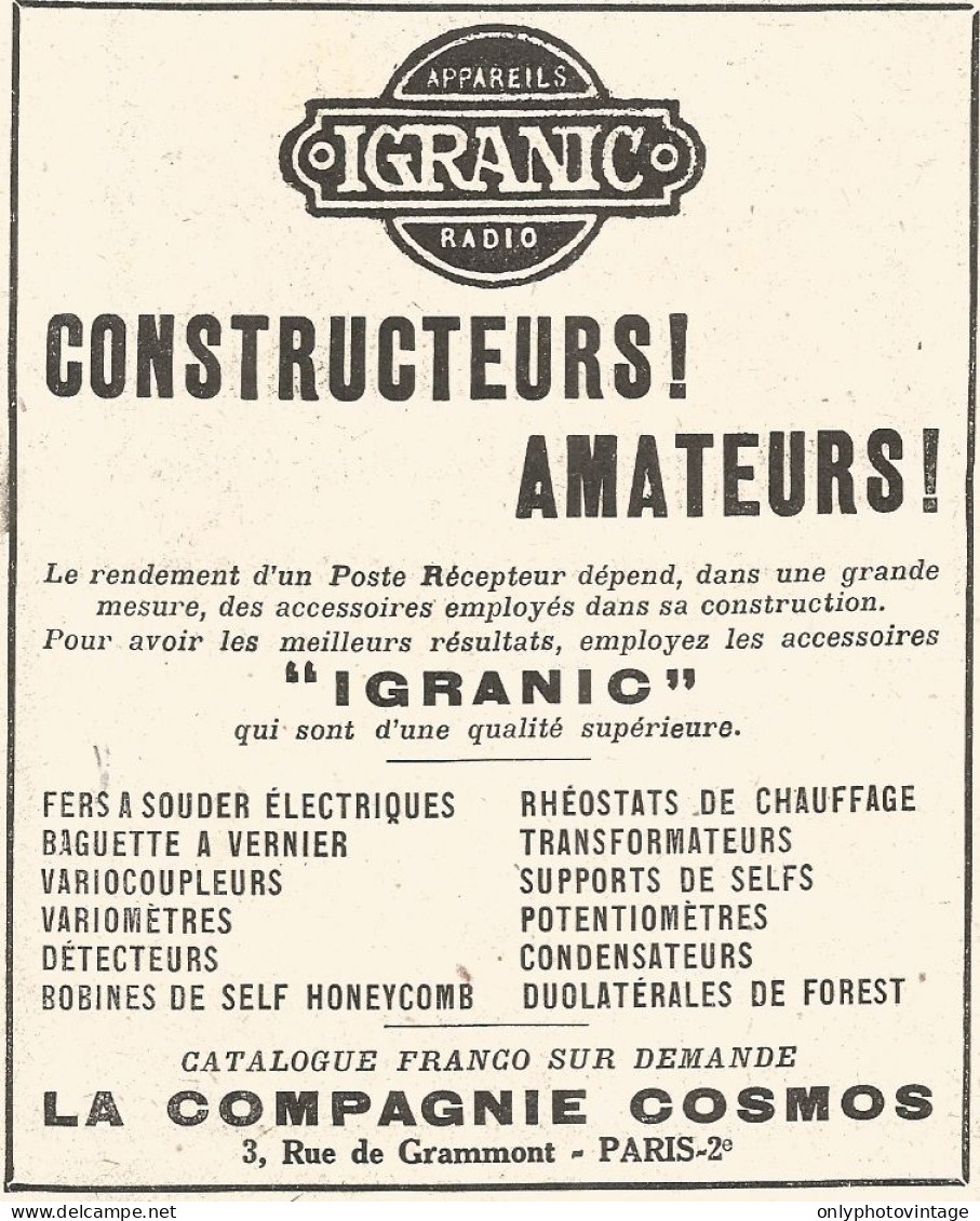 Appareils Radio IGRANIC - Pubblicitï¿½ Del 1926 - Old Advertising - Publicités