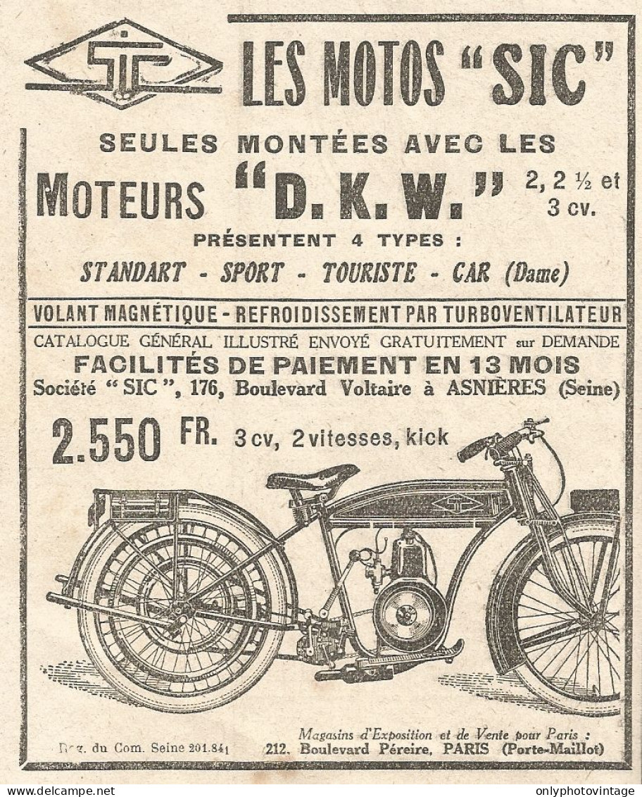 Motocicletta SIC - Motore D.K.W. - Pubblicitï¿½ Del 1925 - Old Advertising - Publicités
