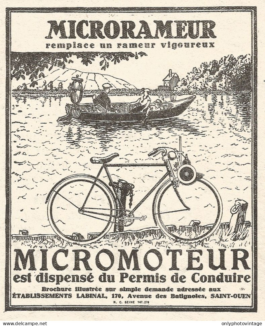 Bicicletta A Motore MICRORAMEUR - Pubblicitï¿½ Del 1926 - Old Advertising - Publicités