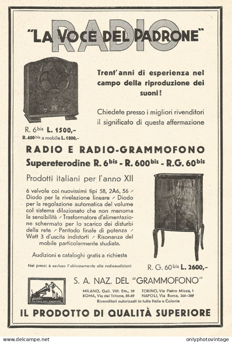 La Voce Del Padrone - Radio Grammofono R. 6 Bis - Pubblicitï¿½ Del 1933 - Ad - Reclame