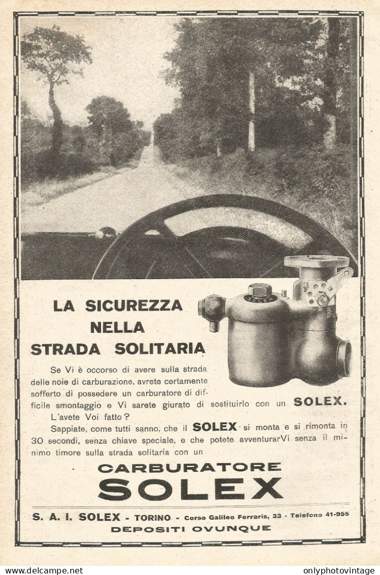 Carburatore SOLEX - La Sicurezza Nell... - Pubblicitï¿½ Del 1929 - Old Ad - Publicités