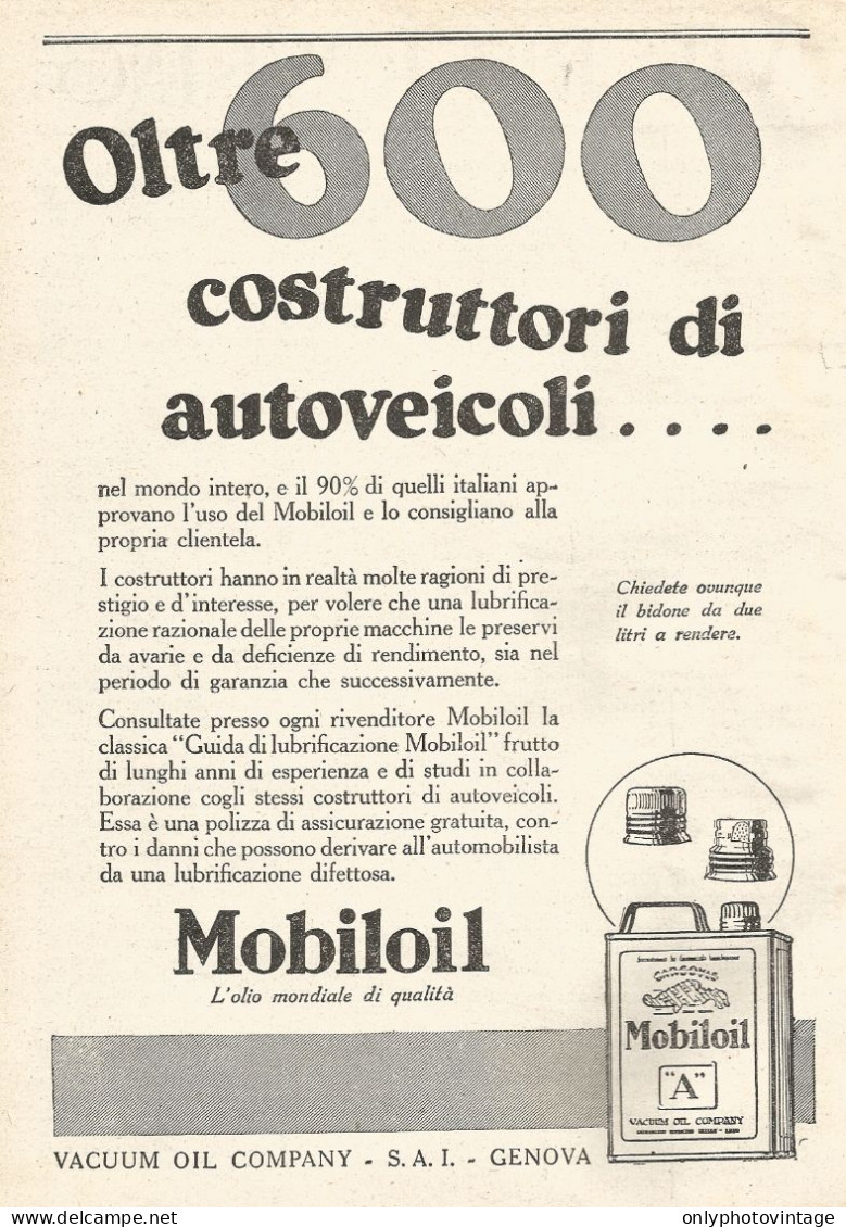 MOBILOIL - Oltre 600 Costruttori Di Auto... - Pubblicitï¿½ Del 1929 - Old Ad - Publicités