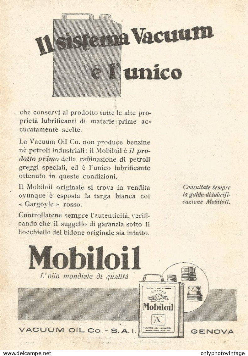 MOBILOIL - Il Sistema Vacuum ï¿½ L'unico... - Pubblicitï¿½ Del 1929 - Old Ad - Advertising