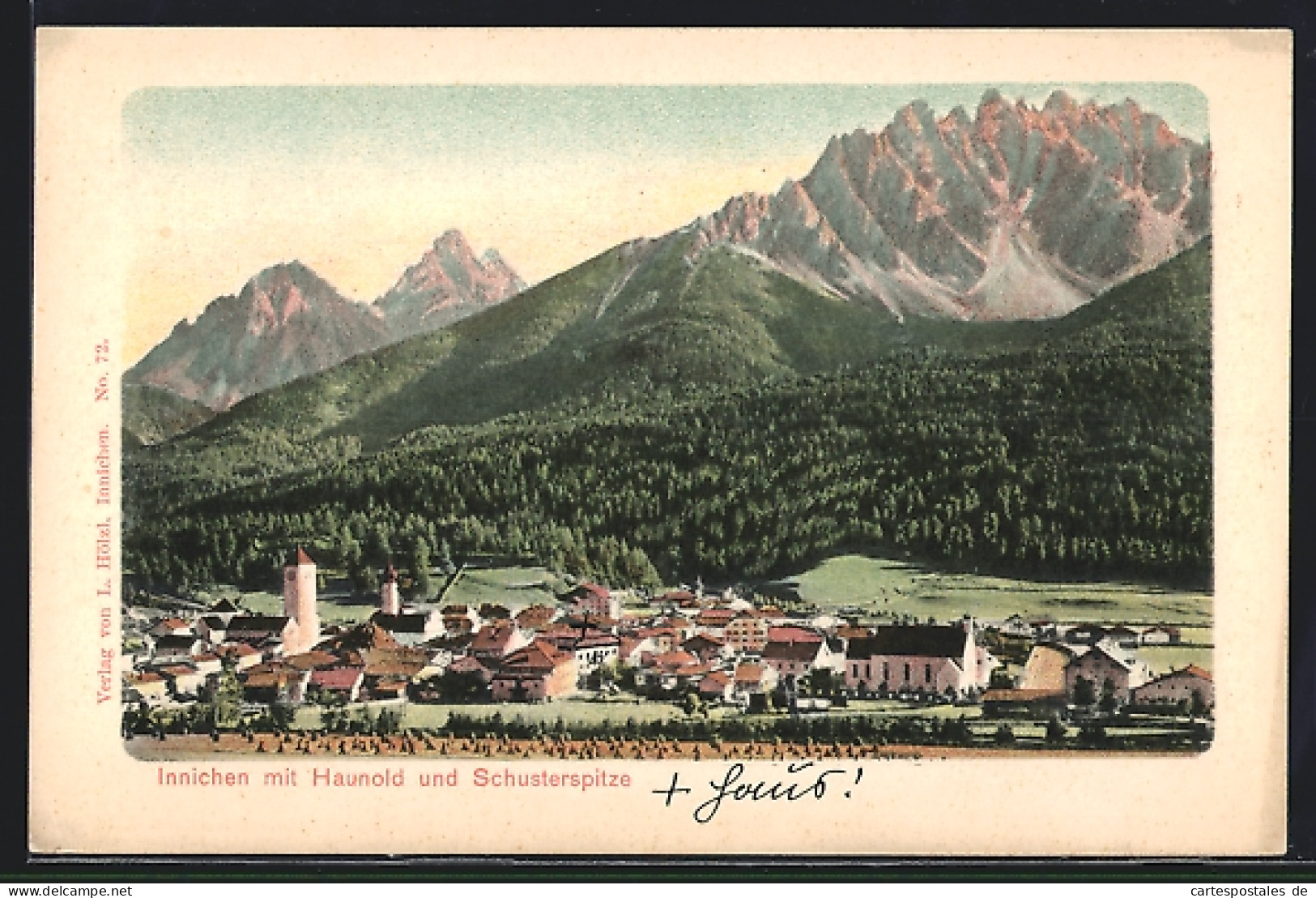 Cartolina Innichen, Ortsansicht Mit Haunold Und Schusterspitze  - Autres & Non Classés