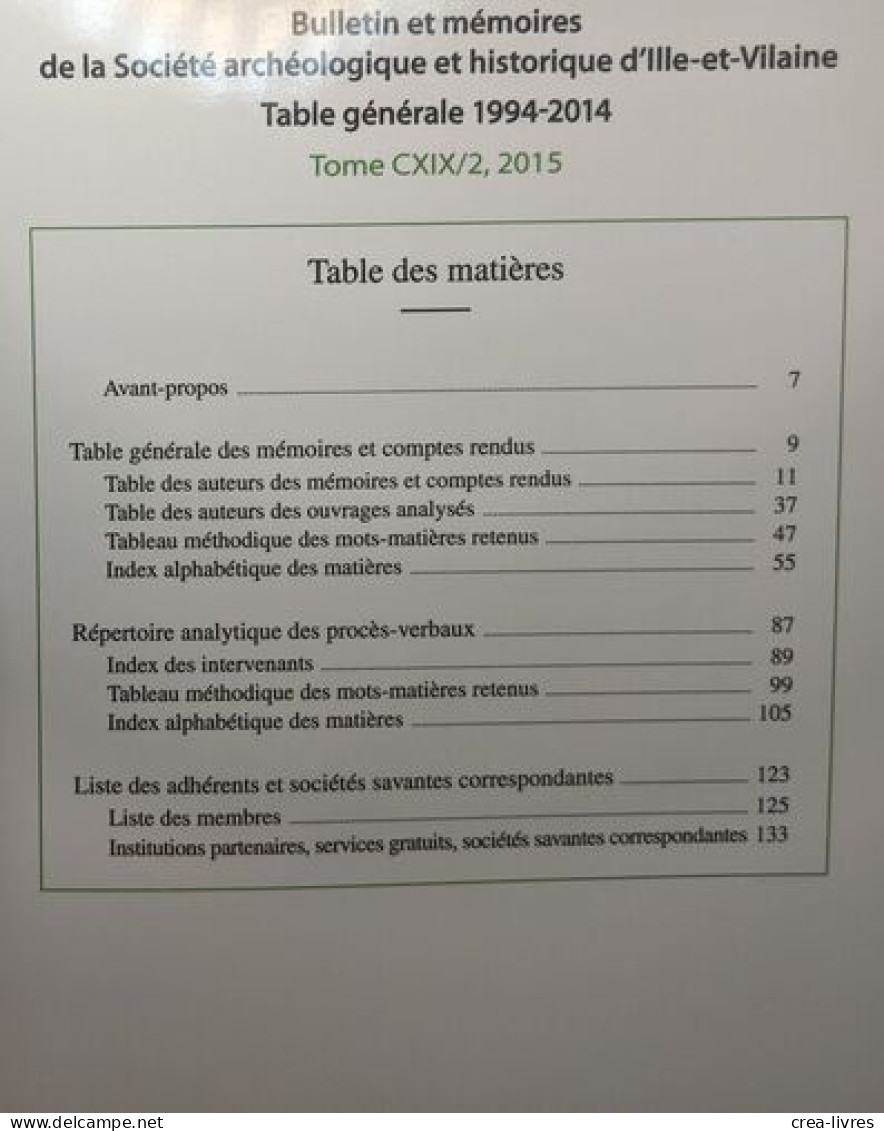 Table Générale 1994-2014 --- Bulletin Et Mémoires --- Tome CXIX / 2 2015 Société Archéologique - Archeologie