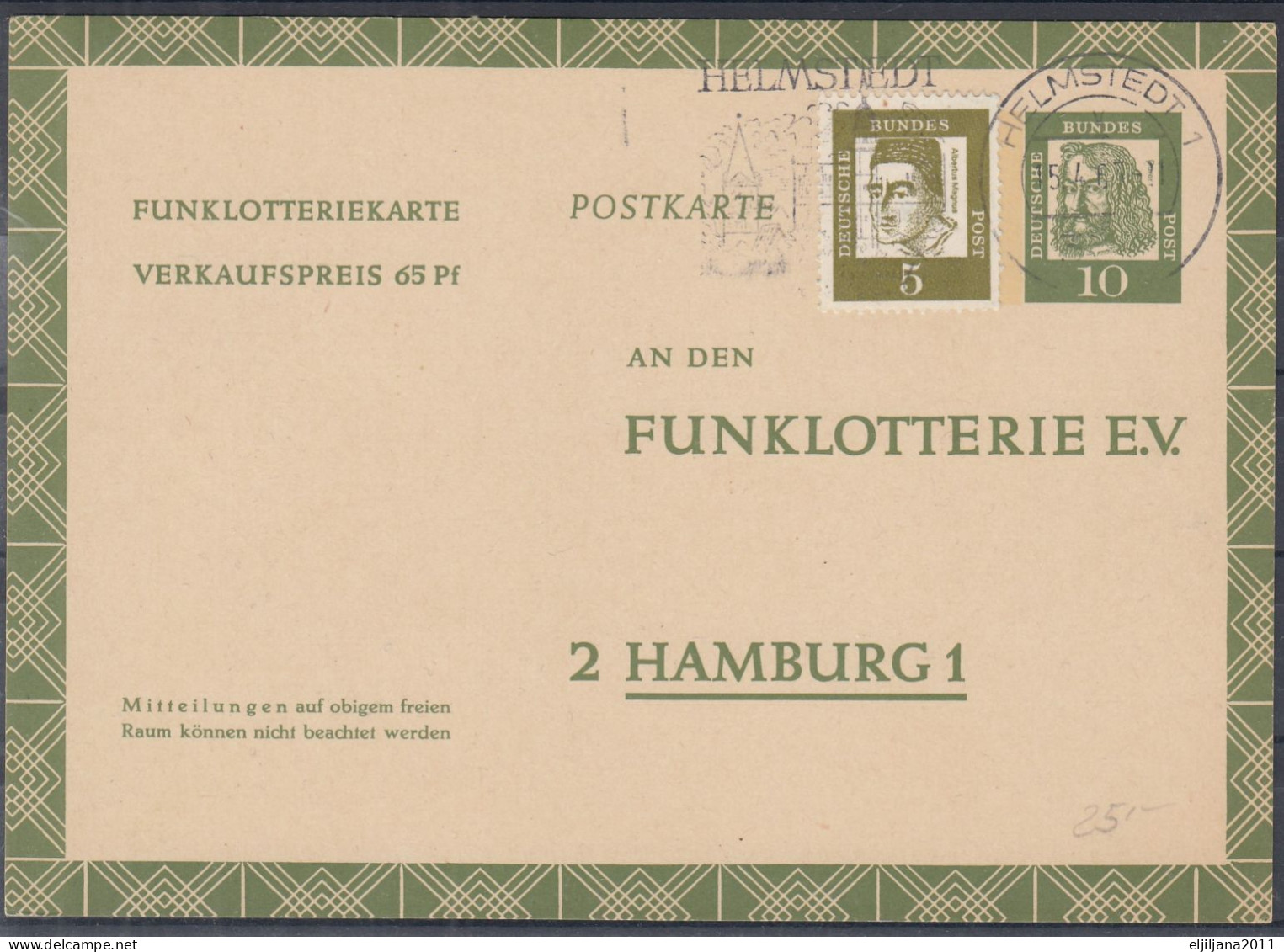 ⁕ Germany 1963 Deutsche BundesPost ⁕ FUNKLOTTERIE E.V.  2 Hamburg 1 ⁕ HELMSTEDT Postmark ⁕ Stationery Postcard - Postkaarten - Gebruikt