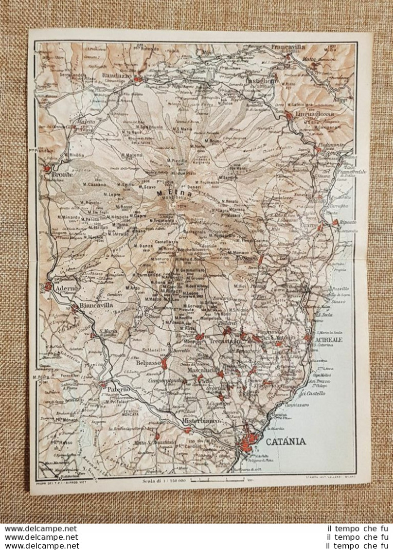 Carta O Cartina Del 1919 Catania Acireale Vulcano Etna Adrano Sicilia T.C.I. - Landkarten