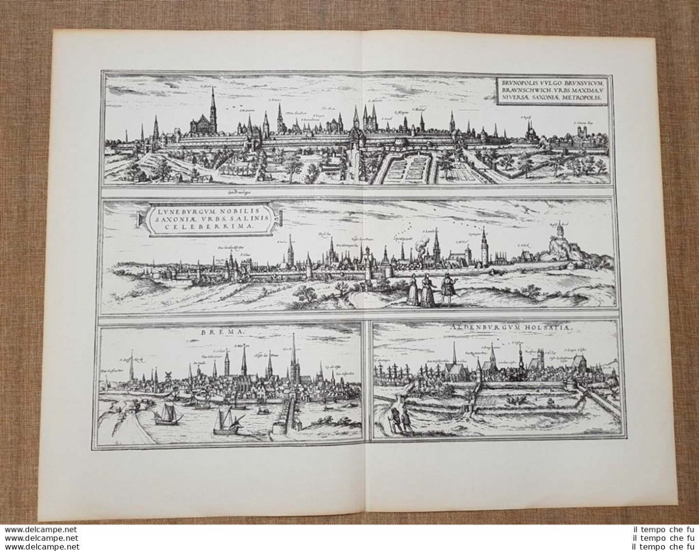 Vedute Città Braunschweig Luneburg Bremen Stade 1574 Braun E Hogenberg Ristampa - Carte Geographique