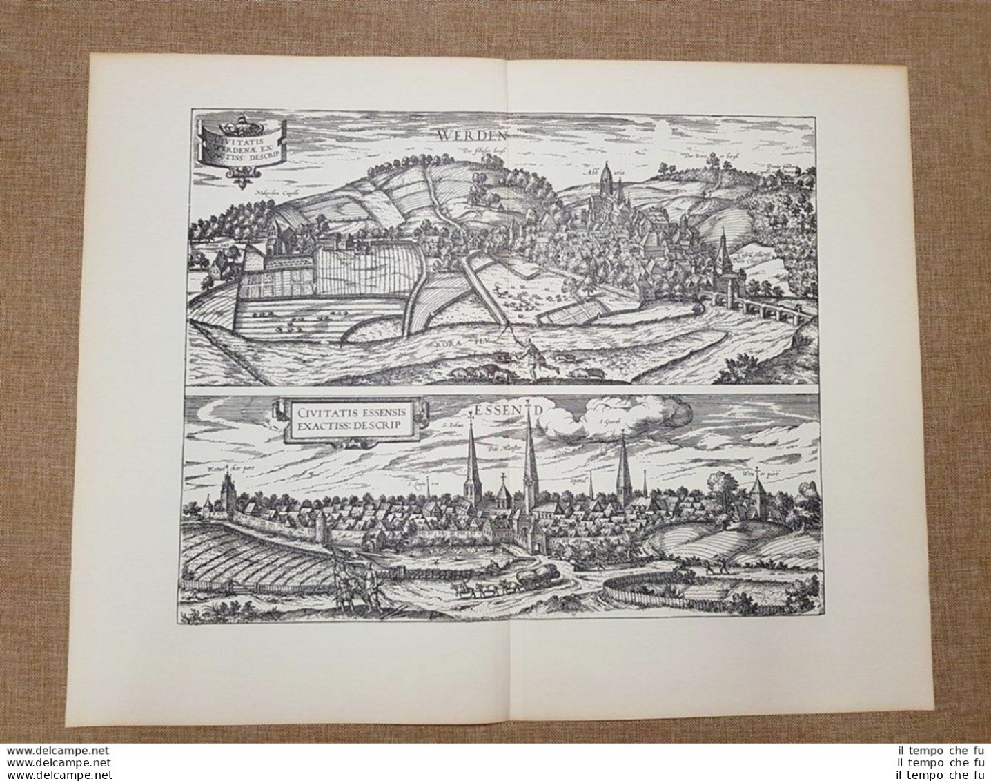Vedute Di Città Werden E Essen Germania Anno 1588 Braun E Hogenberg Ristampa - Carte Geographique