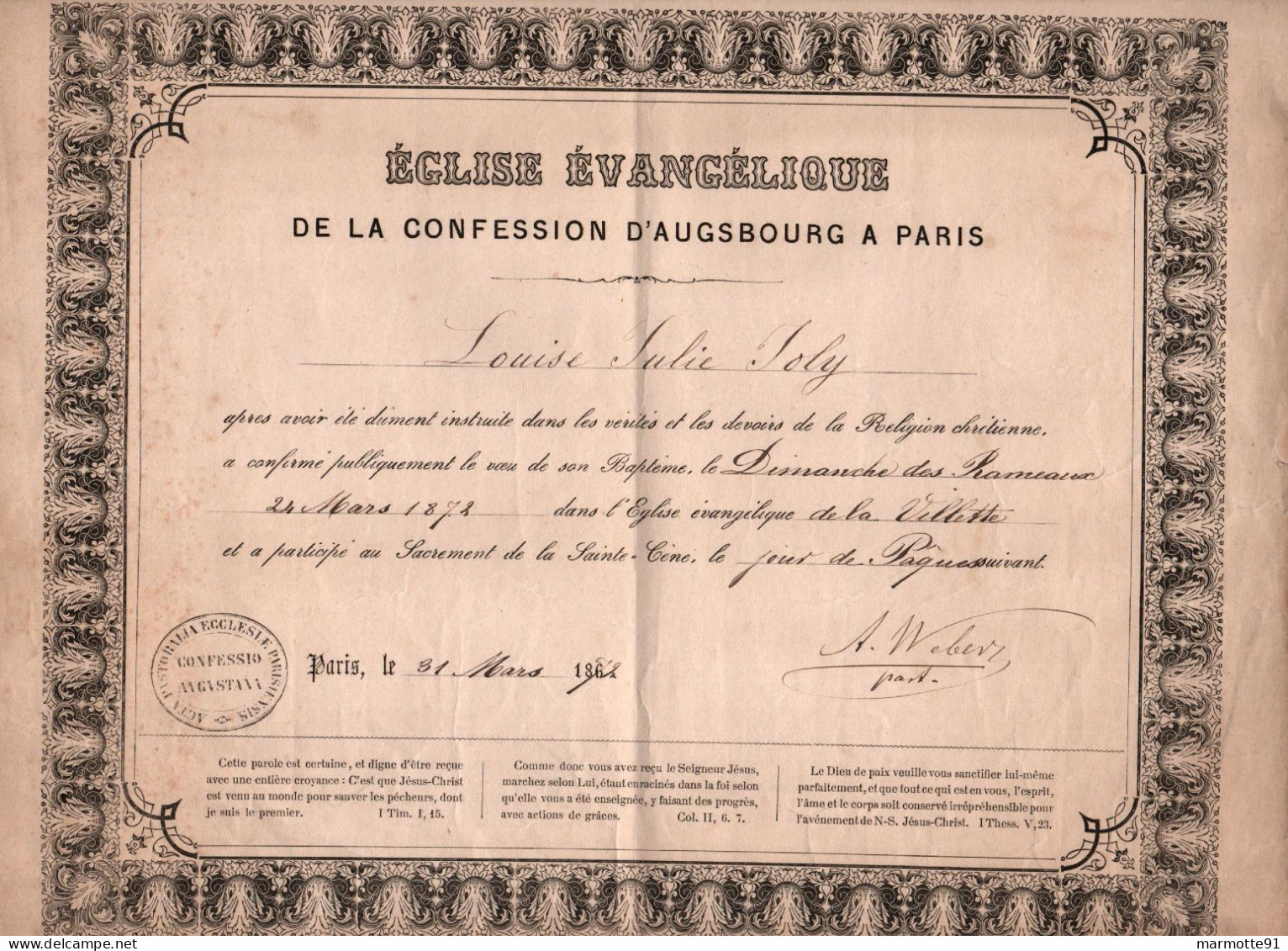 DIPLOME BREVET BAPTEME EGLISE EVANGELIQUE CONFESSION D AUGSBOURG A PARIS 1872 - Diploma & School Reports