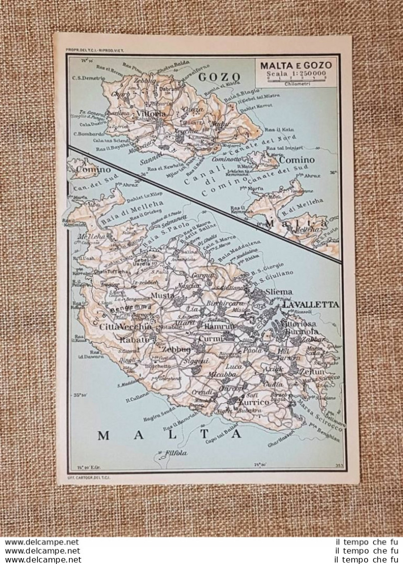 Carta O Cartina Del 1953 Malta E Gozo Comino La Valletta Musta Vittoria T.C.I. - Cartes Géographiques