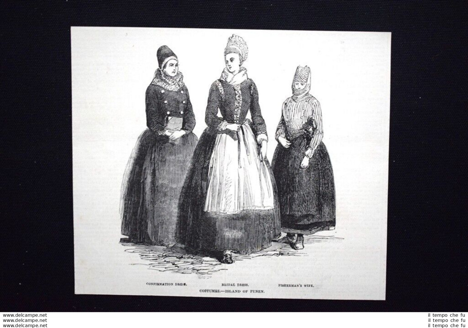 Moda E Costume Dell'Isola Di Fionia (Danimarca) Incisione Del 1851 - Ante 1900
