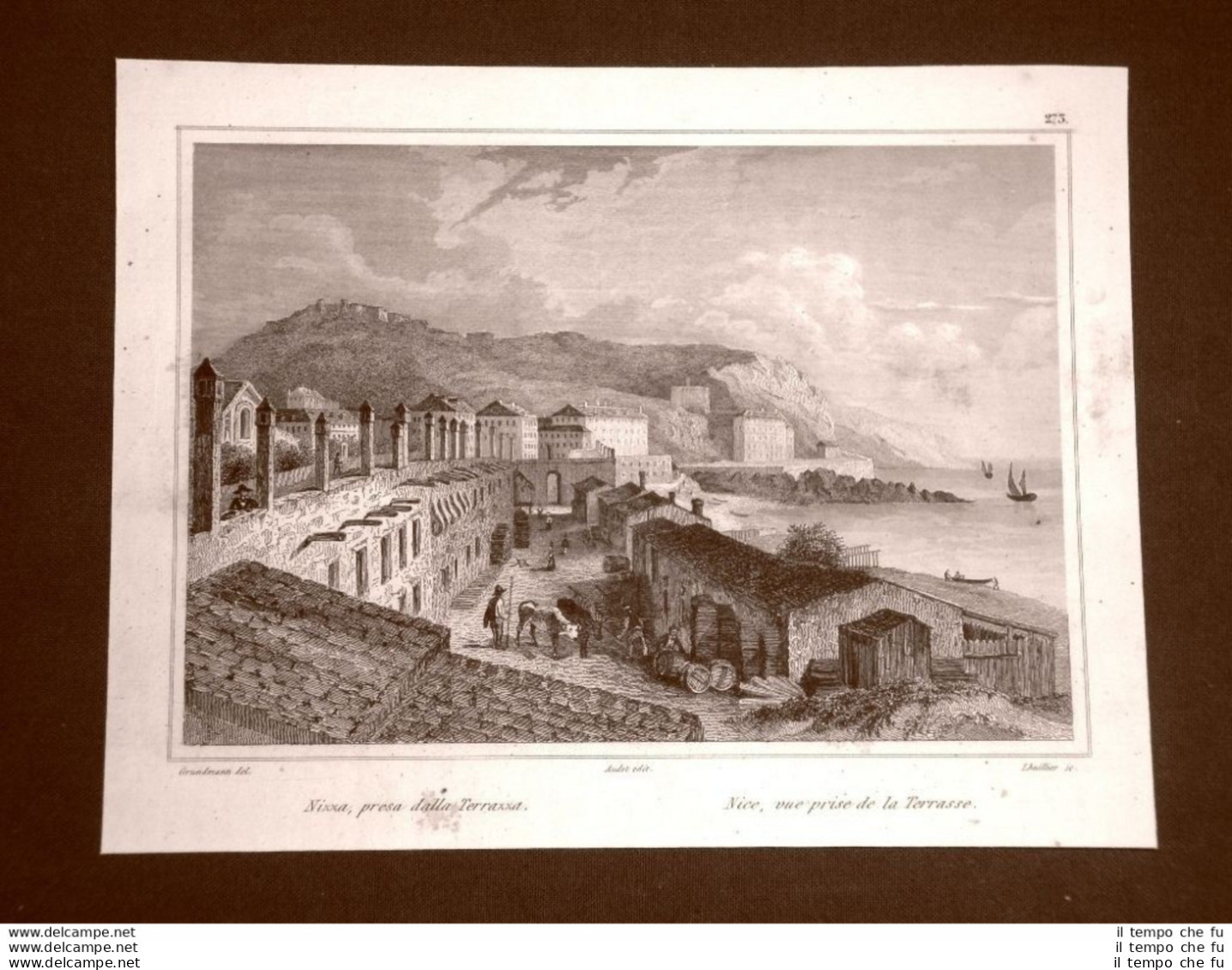 Nizza Veduta Dalla Terrazza Incisione Su Rame All'acquaforte Del 1835 Audot - Ante 1900