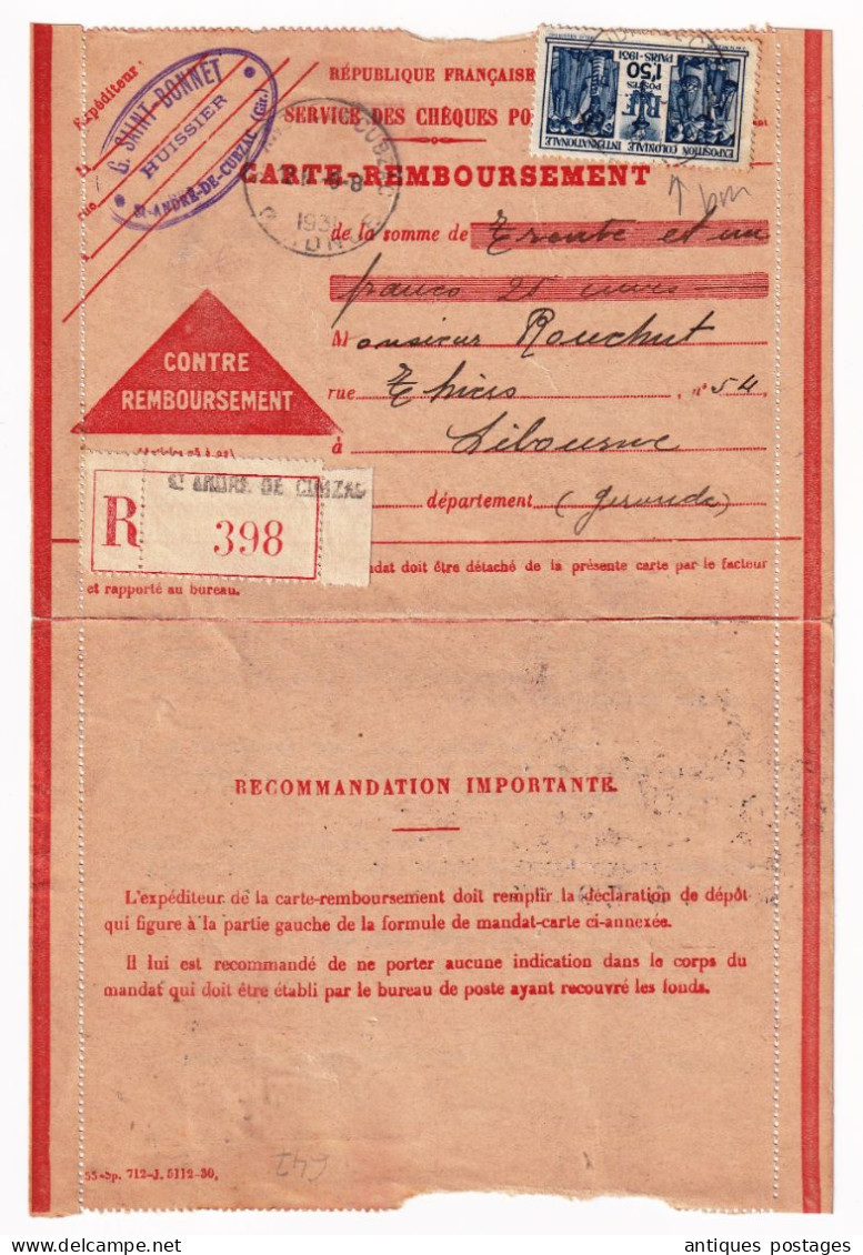 Recommandé 1931 Saint André De Cubzac Gironde Timbre Exposition Coloniale 1F50 Carte Remboursement Saint-Bonnet Huissier - Storia Postale