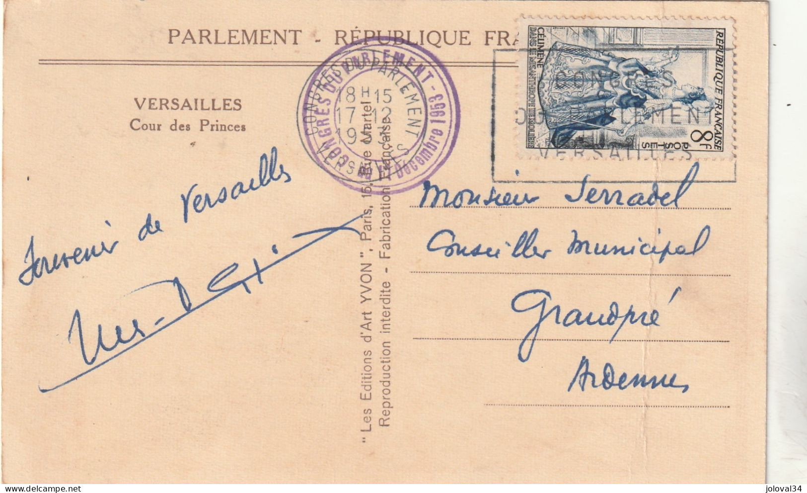 Yvert 956 Célimène Cachet Congrès Du Parlement De Versailles 17/12/1953 Sur Carte Postale - 1921-1960: Moderne