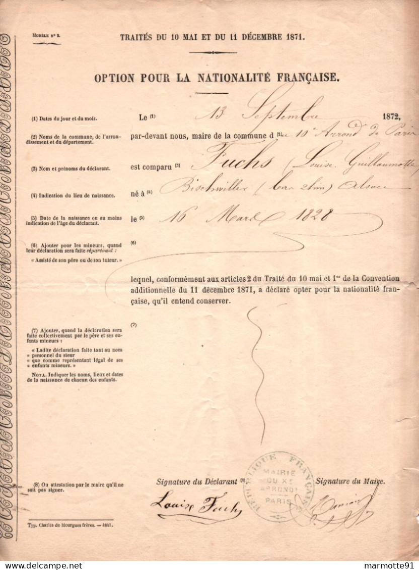 OPTION POUR NATIONALITE FRANCAISE 1871  ALSACIEN FUCHS DE BISCHWILLER  ALSACE PARIS 1872 - Documentos Históricos