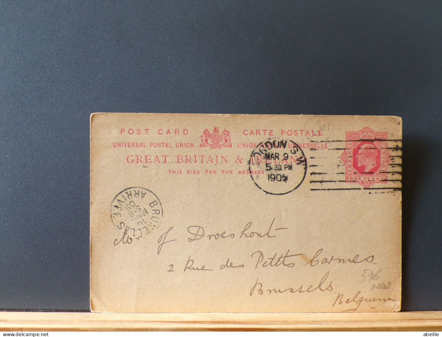 ENTIER576   CP G.B.  POUR LA BELG. 1905 PIQUAGE PRIVE - Interi Postali