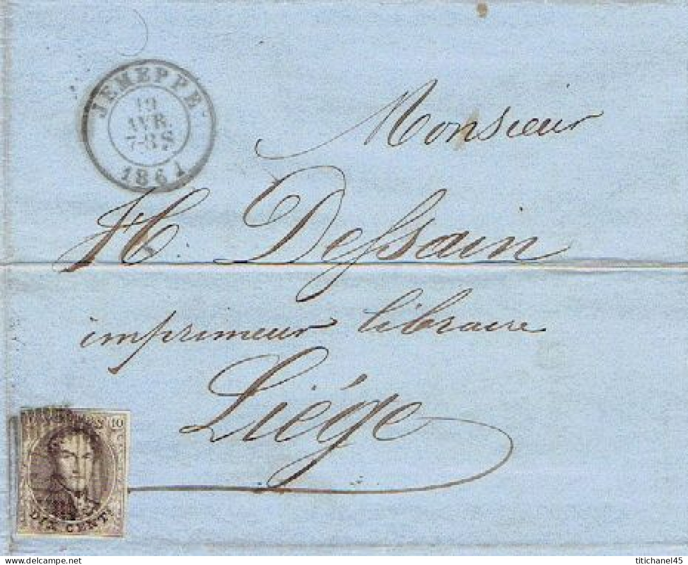 N°10A Margé S/ LAC Obl. P64 JEMEPPE (04.1861)+ Entête SOCIETE CHARBONNIERE MARIHAYE FLEMALLE-GRANDE & SERAING - 1858-1862 Médaillons (9/12)