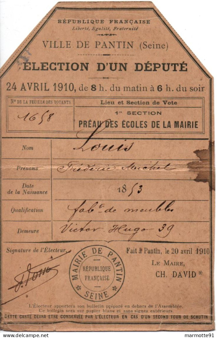 CARTE ELECTEUR VILLE DE PANTIN 1910  ELECTION DEPUTE - Historical Documents