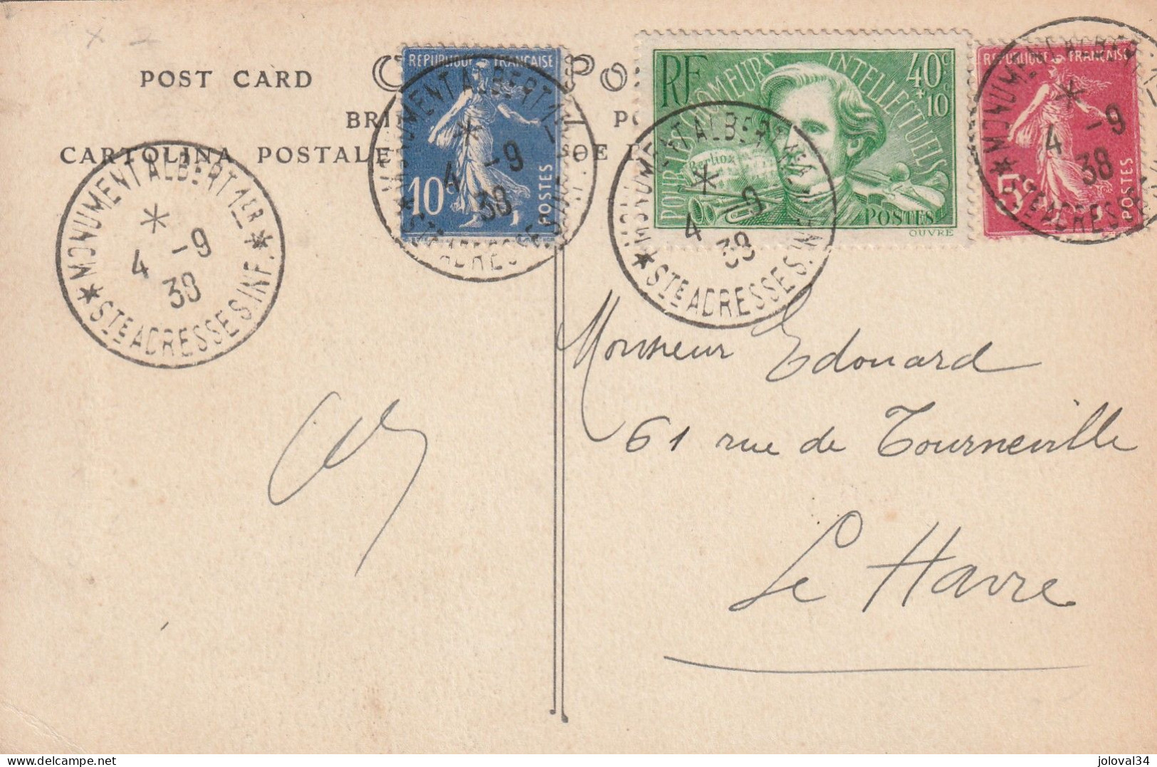 Yvert 331 Berlioz + 278B + 279 Semeuse Cachet Monument Albert 1er Ste Adresse 4/9/1939 Sur Carte Postale - 1921-1960: Modern Period