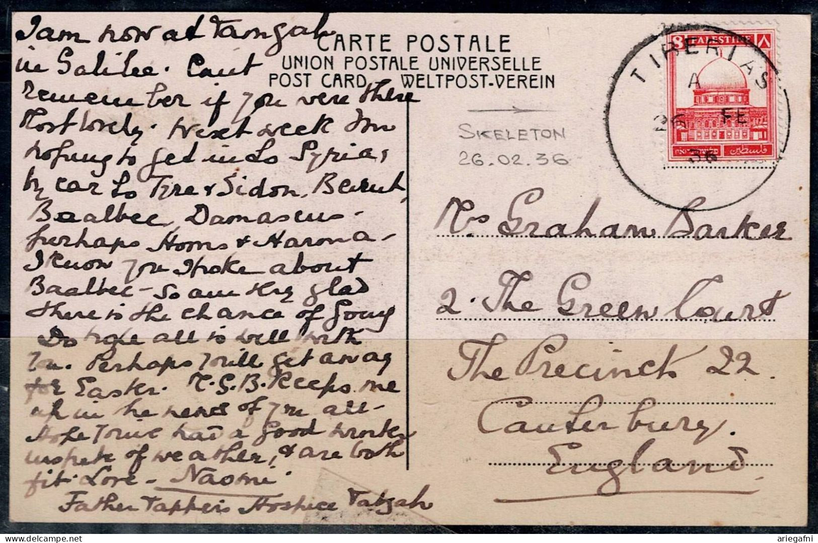 PALEASTINE 1936 POSTCARD WOMAN OF BETHLEHEM SENT IN 26/2/36 FROM TIBERIES WITH STAMP SKELETON VF!! - Palästina