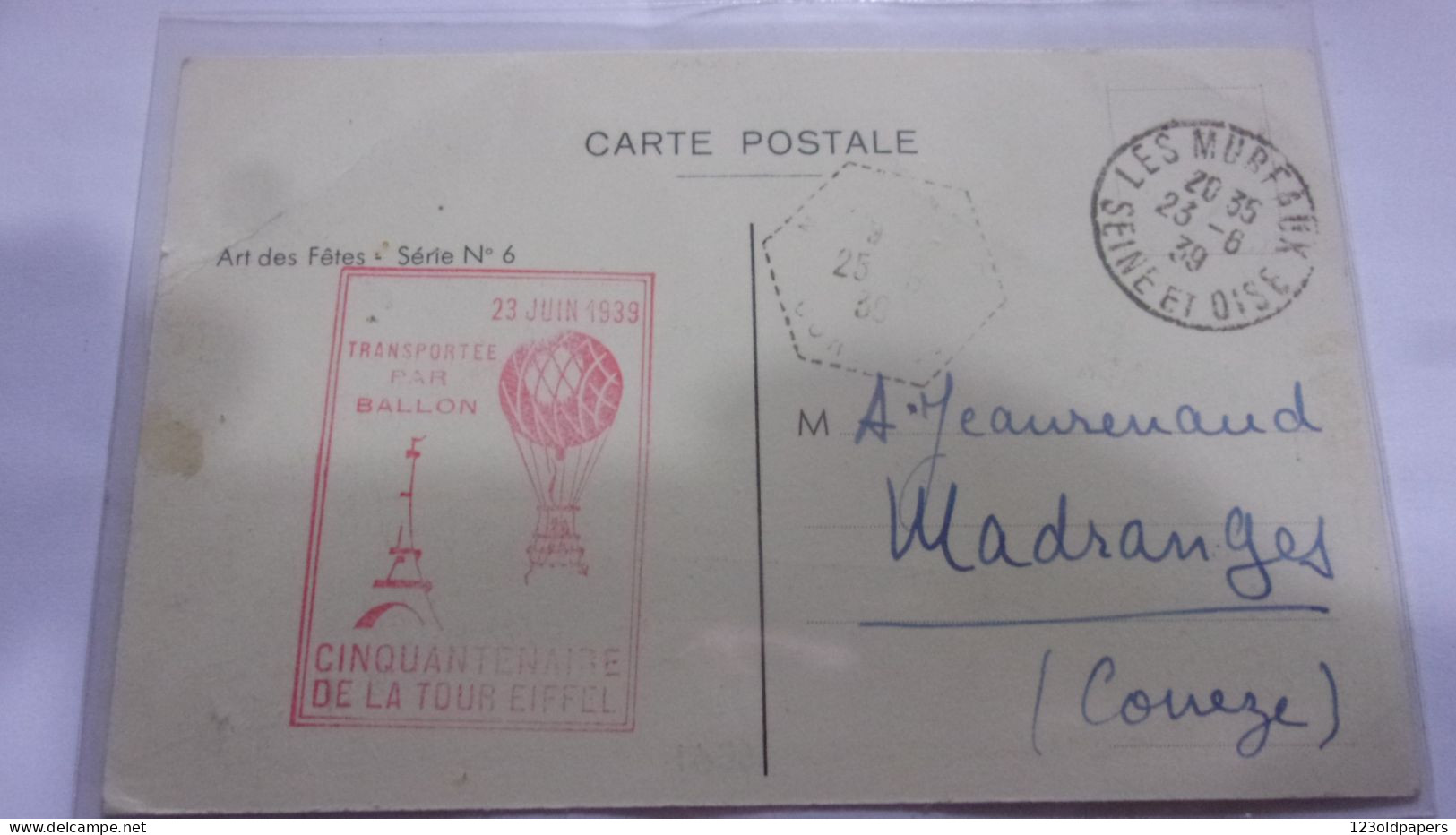 CARTE MAXIMUM TOUR EIFFEL CACHET ARTS ET FETES 1939 TRANSPORTEE  PAR BALLON - 1930-1939