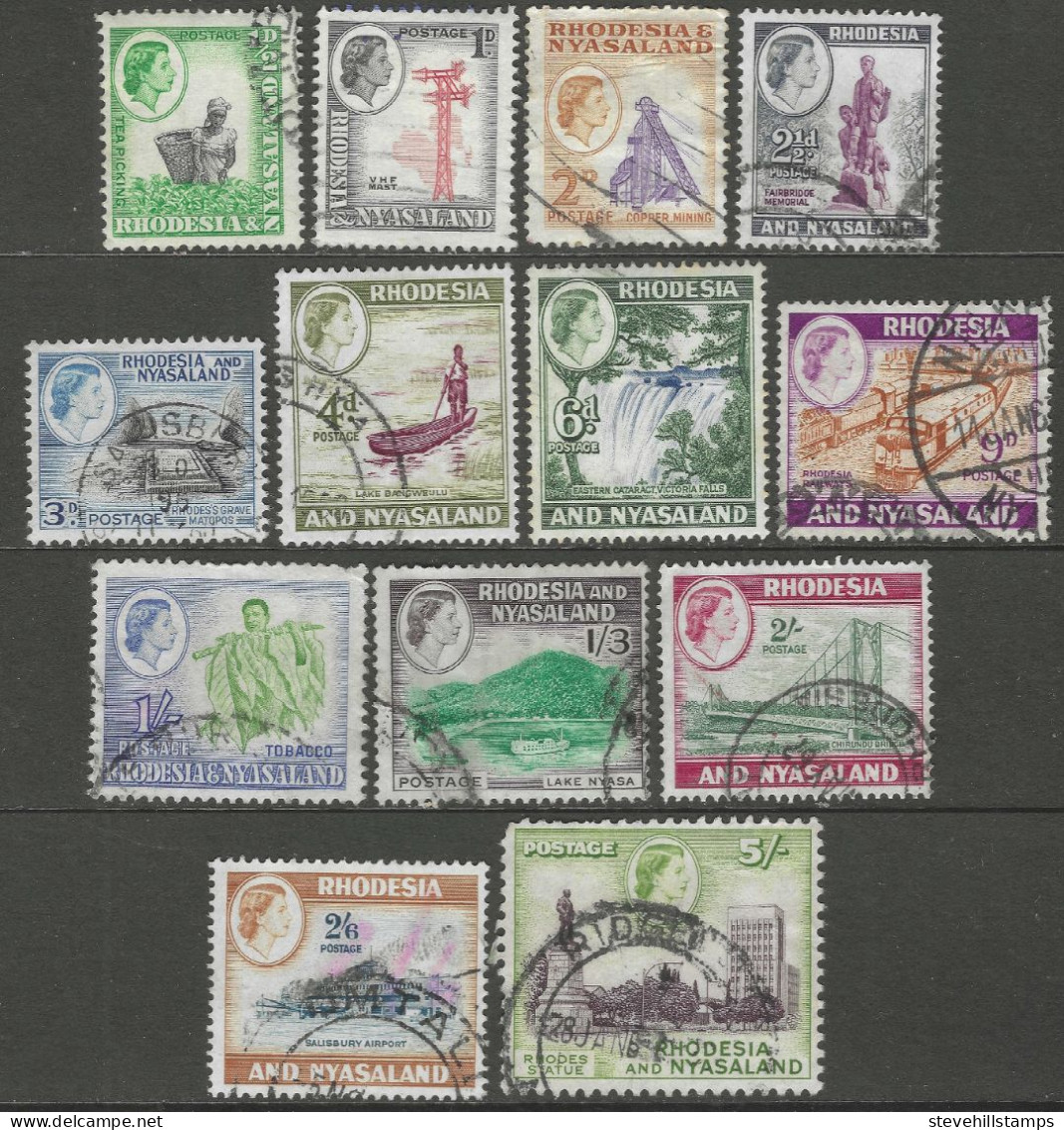 Rhodesia & Nyasaland. 1959-62 QEII. 13 Used Values To 5/-. SG 18 Etc. M5060 - Rodesia & Nyasaland (1954-1963)