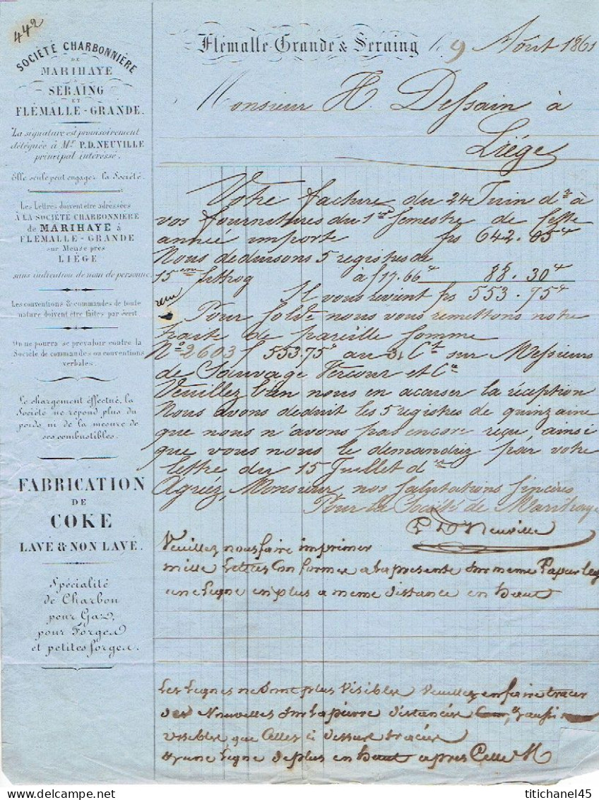 N°10 Margé S/ LAC Obl. P64 JEMEPPE (08.1861)+ Entête SOCIETE CHARBONNIERE MARIHAYE FLEMALLE-GRANDE & SERAING - 1858-1862 Medaillons (9/12)