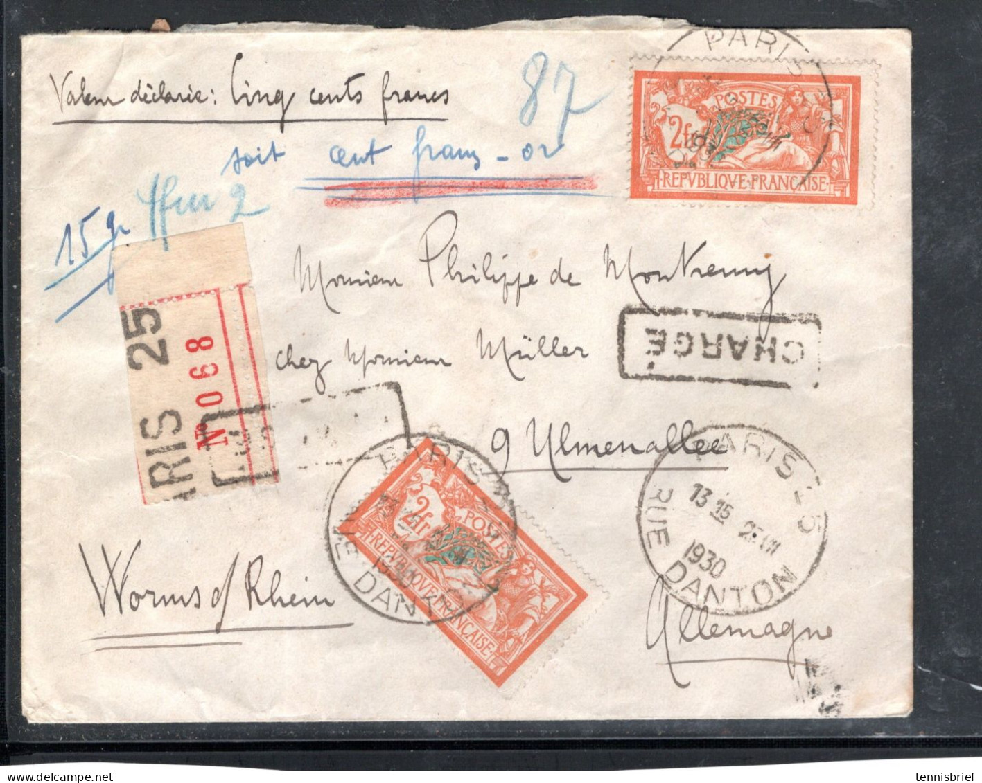 1930 , 2 Fr. Merson , 2, Multiple , " PARIS 25" Lettre Valeur  Pour Allemagne, Superbe Etat , Rare '#222 - 1877-1920: Période Semi Moderne