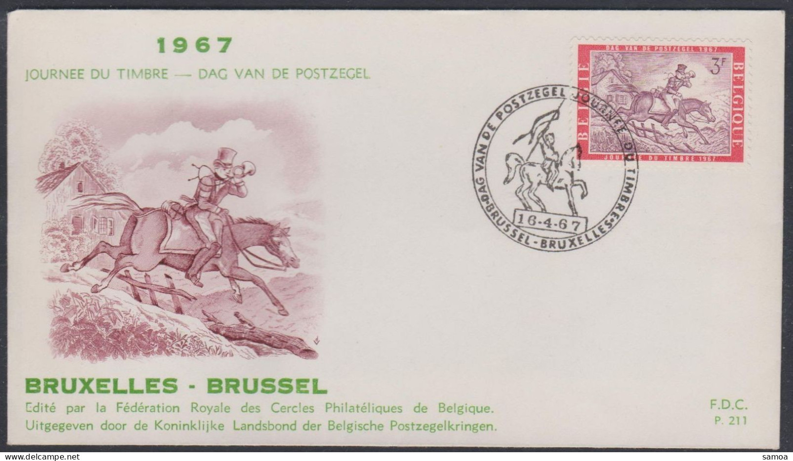 Belgique FDC 1967 1413 Journée Du Timbre Postillon à Cheval Brussel Bruxelles - 1961-1970