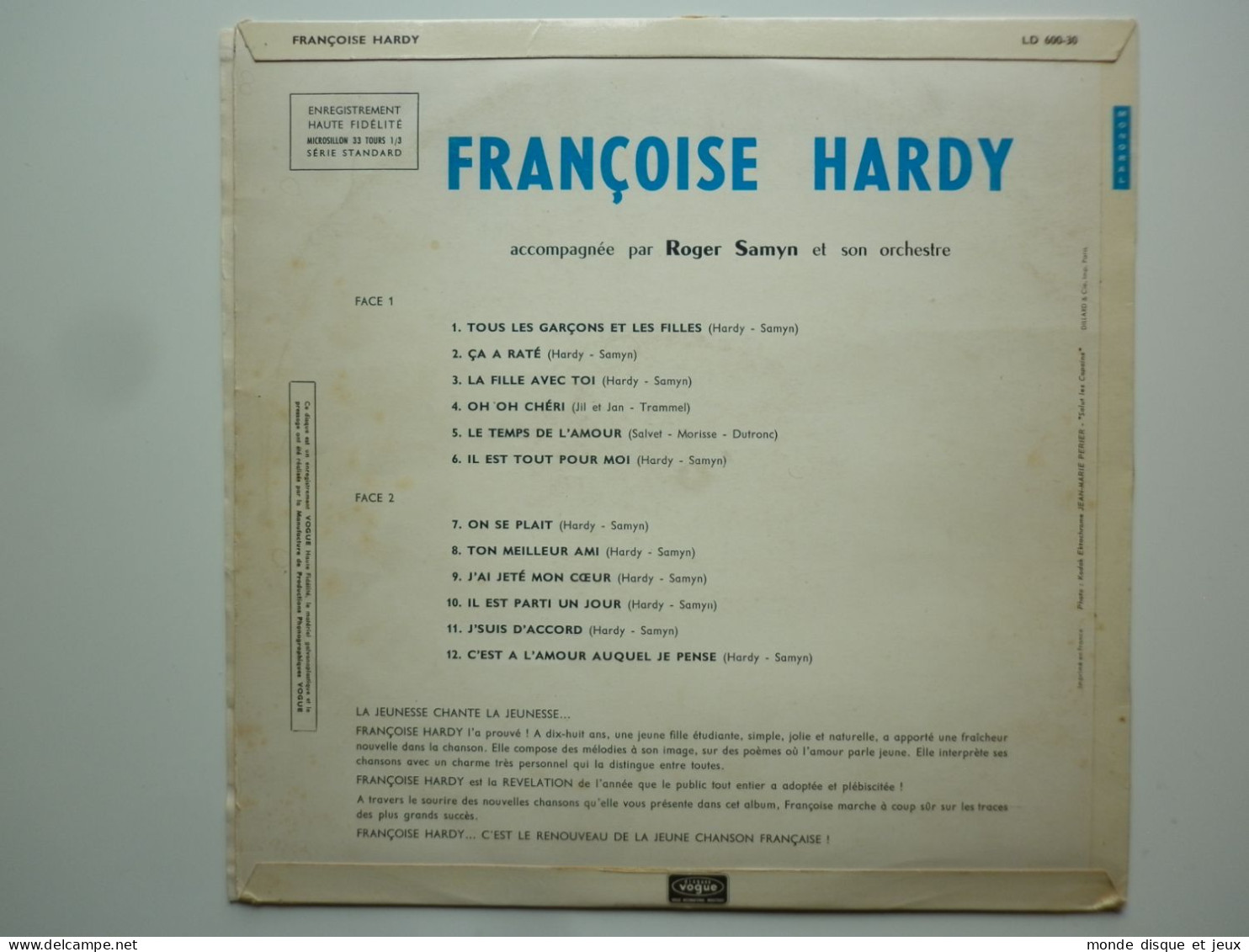 Françoise Hardy Album 33Tours Vinyle Tous Les Garçons Et Les Filles - Otros - Canción Francesa