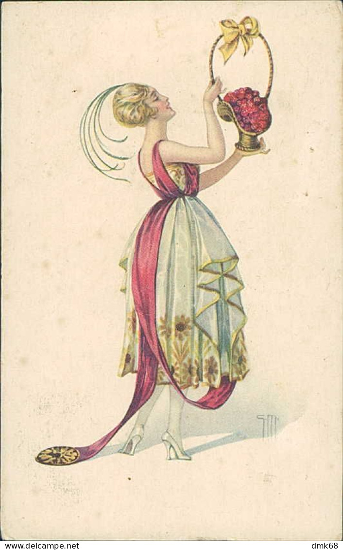 MALUGANI SIGNED 1910s POSTCARD - WOMAN & FLOWERS - N.52/3 - VERIFICATO PER CENSURA  (5747) - Sonstige & Ohne Zuordnung