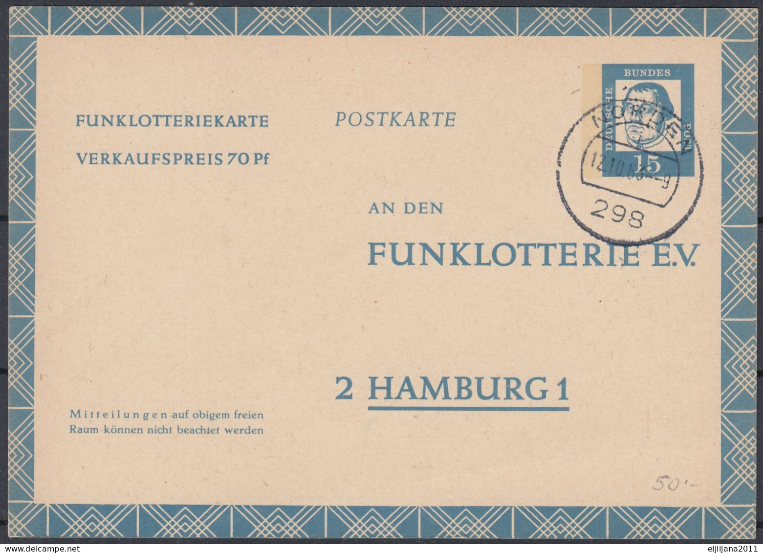 ⁕ Germany 1963 Deutsche BundesPost ⁕ FUNKLOTTERIE E.V.  2 Hamburg 1 ⁕ NORDEN Postmark ⁕ Stationery Postcard - Postcards - Used