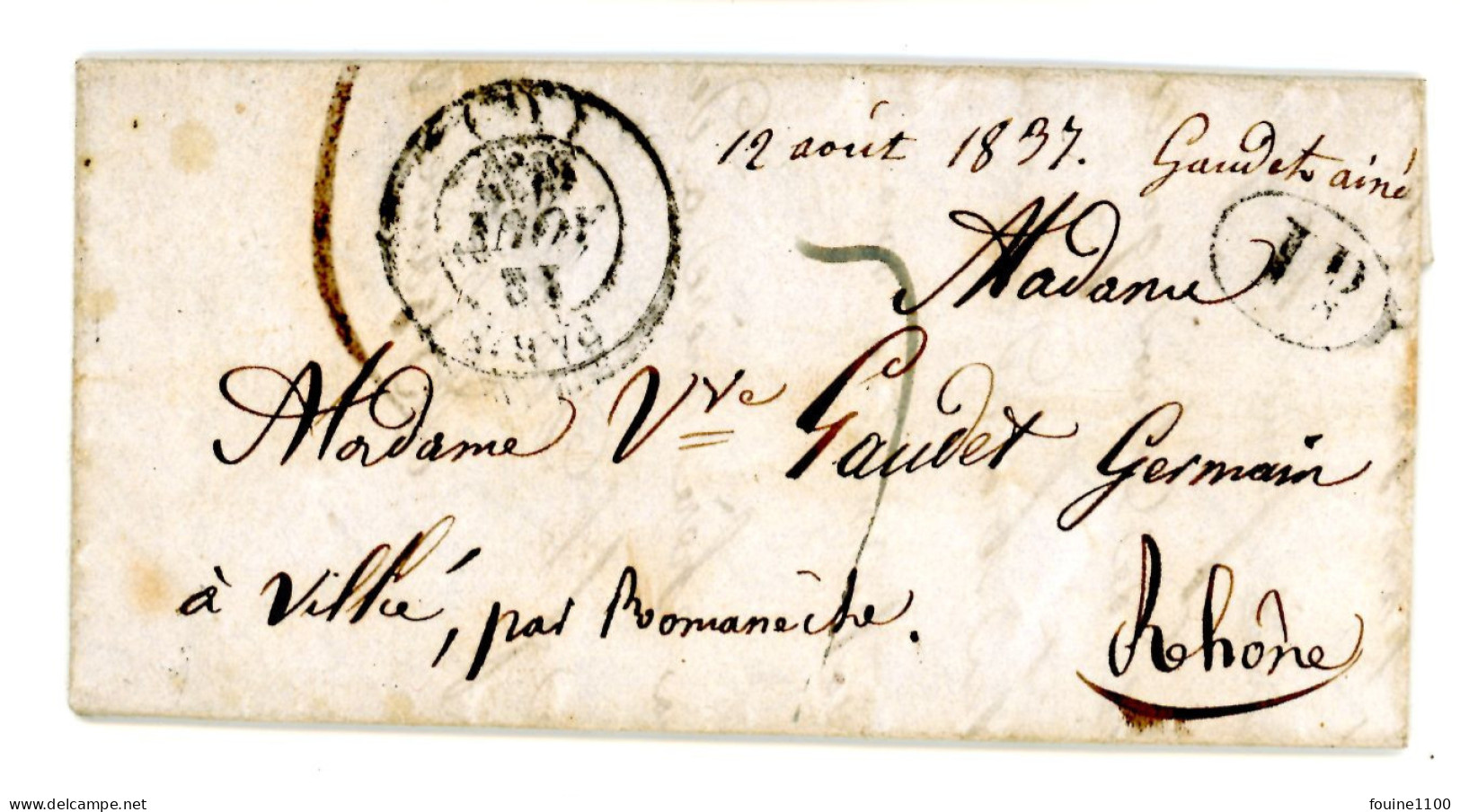 Courrier Année 1837 Envoyé à M. Gaudet à Villié ( Morgon ) Par Romanèche Thorins ( 69 / 71 ) - 1801-1848: Vorläufer XIX
