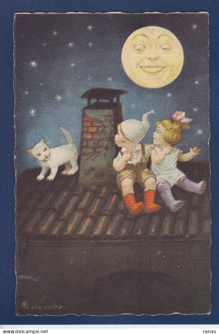 CPA Colombo Enfants Illustrateur Italien Art Déco écrite Lune Chat Cat 1907-1 - Colombo, E.