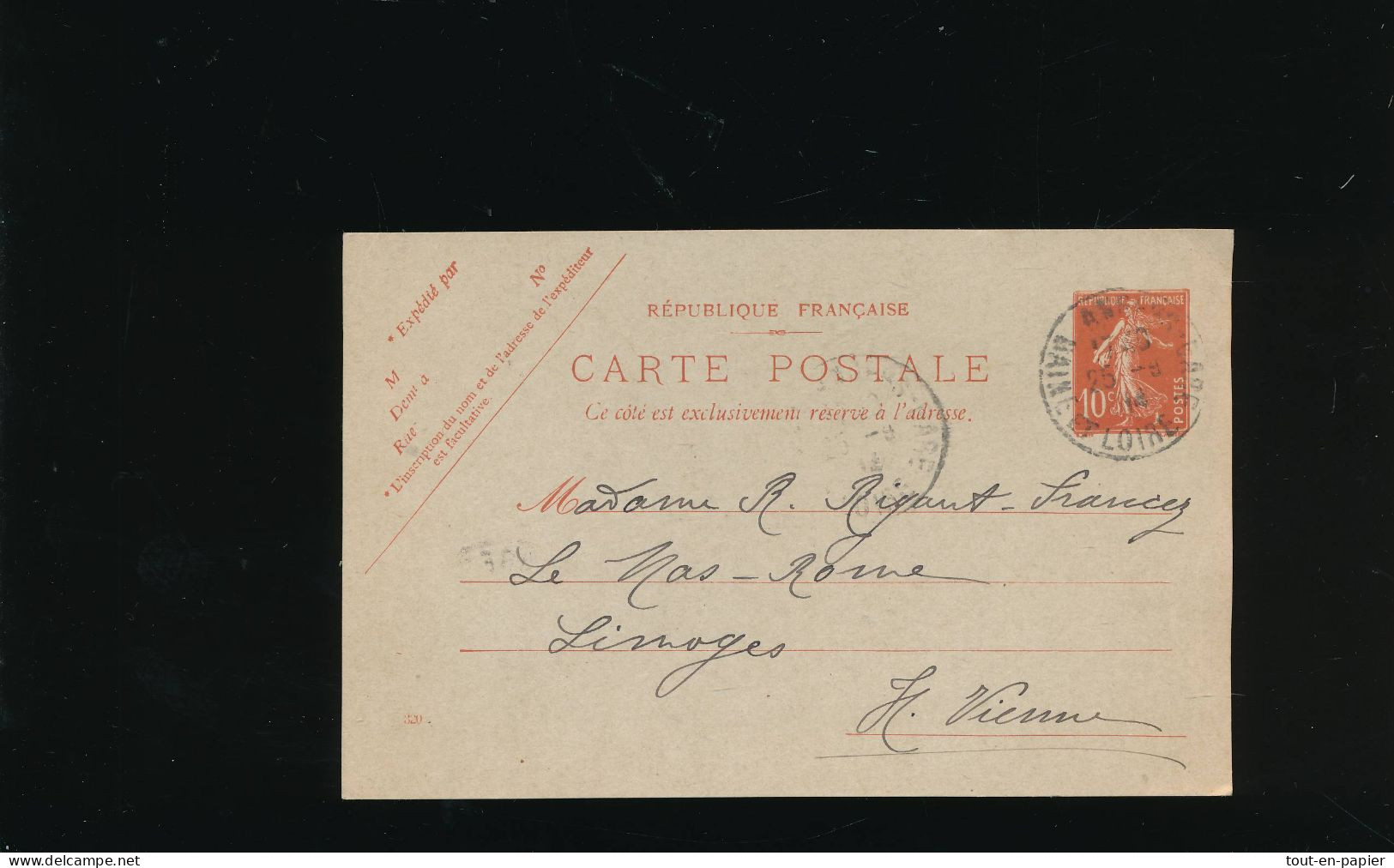 ENTIER POSTAL SEMEUSE - Hôtel De France Angers Vers Limoges - Kartenbriefe