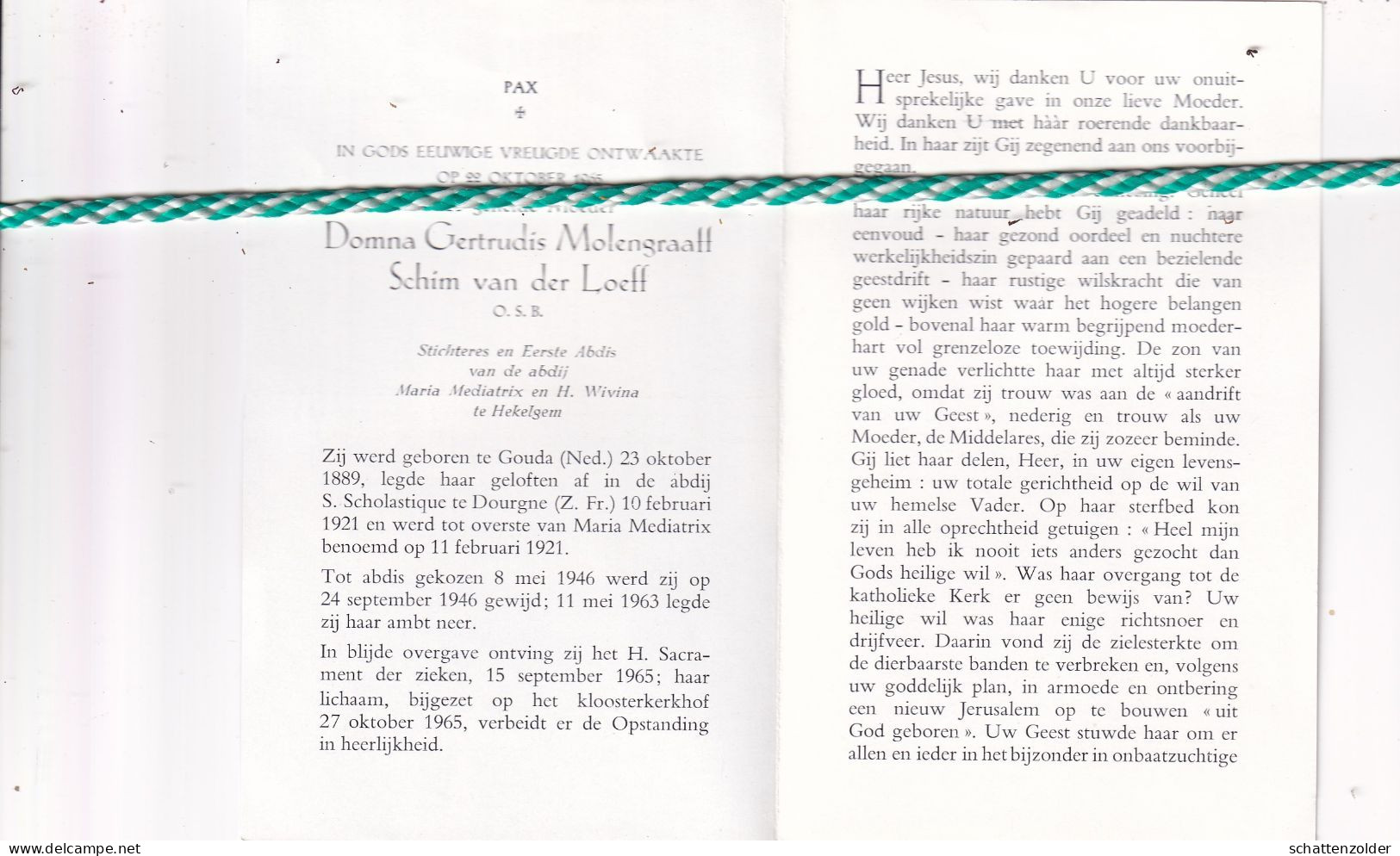 Donna Gertrudis Molengraaff, Schim Van Der Loeff, Gouda (Nl) 1889, Hekelgem 1965. Stichteres Abdis Abdij Hekelgem. Foto - Obituary Notices