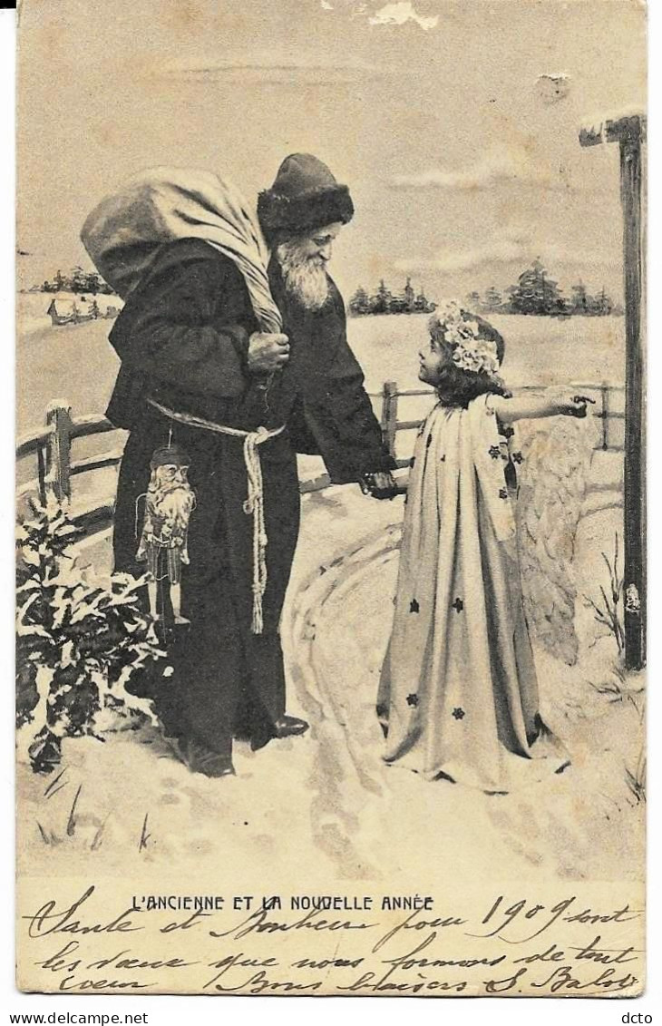 Père Noël/Santa Claus Et Un Ange L'ancienne Et La Nouvelle Année, Raphael Tuck 186, Envoi 1909 - Kerstman